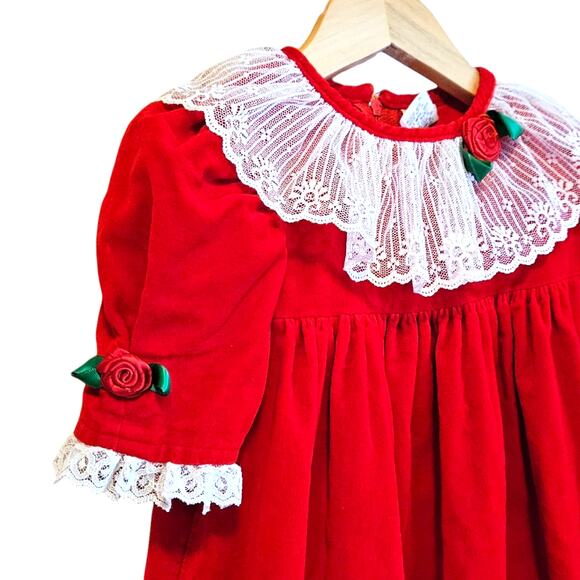 Vintage Toddler Christmas Dress Red Lace Collar Roses Size 4T Holiday Party - Picture 3 of 7